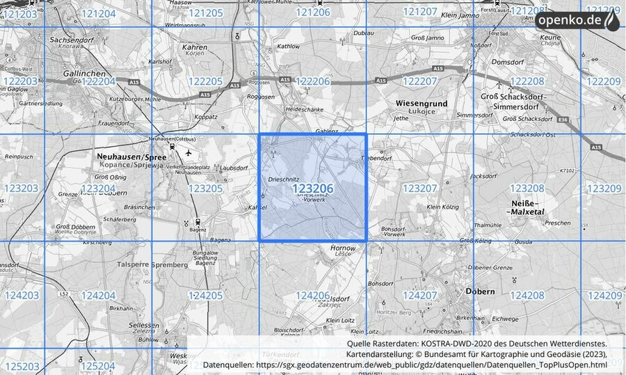 Übersichtskarte des KOSTRA-DWD-2020-Rasterfeldes Nr. 123206