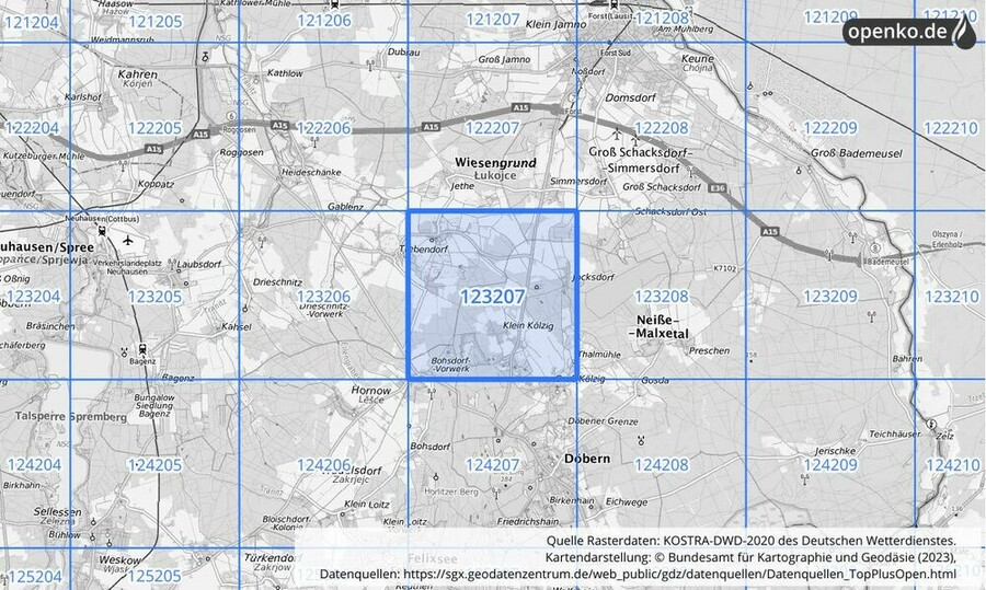 Übersichtskarte des KOSTRA-DWD-2020-Rasterfeldes Nr. 123207