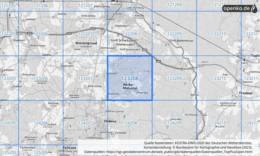 Übersichtskarte des KOSTRA-DWD-2020-Rasterfeldes Nr. 123208