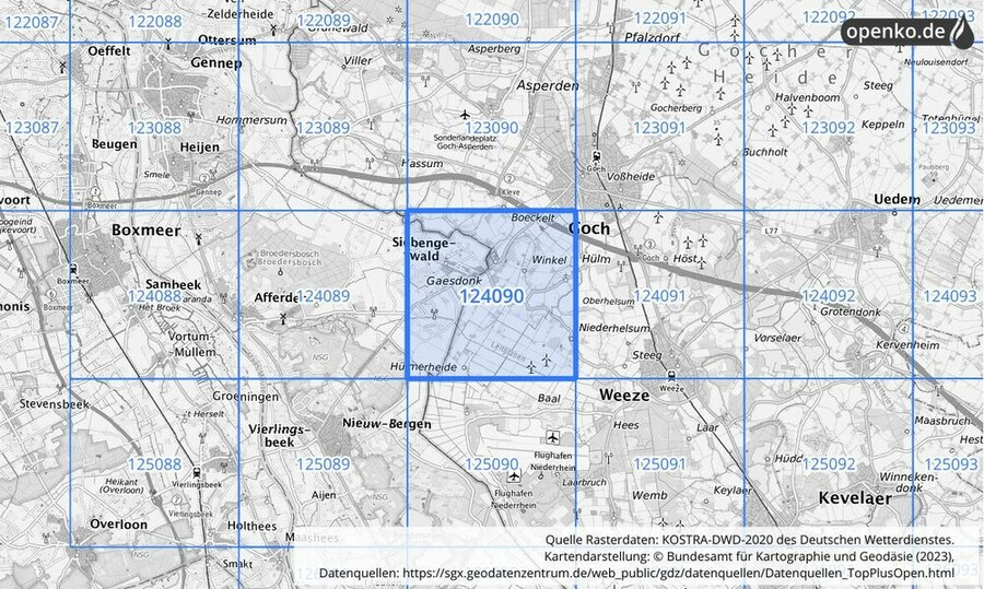 Übersichtskarte des KOSTRA-DWD-2020-Rasterfeldes Nr. 124090