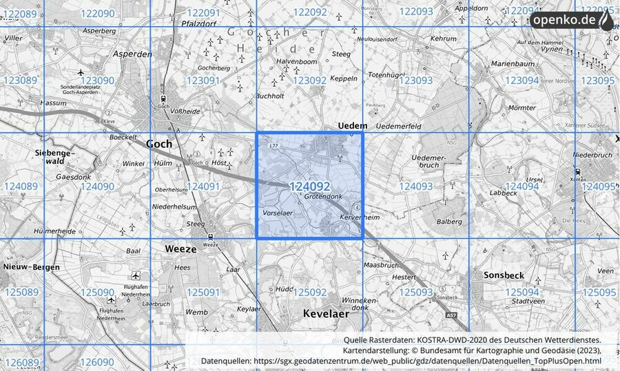 Übersichtskarte des KOSTRA-DWD-2020-Rasterfeldes Nr. 124092