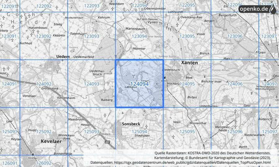 Übersichtskarte des KOSTRA-DWD-2020-Rasterfeldes Nr. 124094