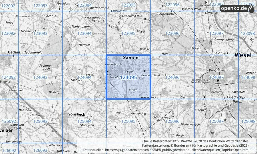 Übersichtskarte des KOSTRA-DWD-2020-Rasterfeldes Nr. 124095