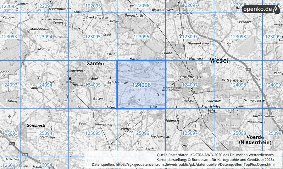 Übersichtskarte des KOSTRA-DWD-2020-Rasterfeldes Nr. 124096