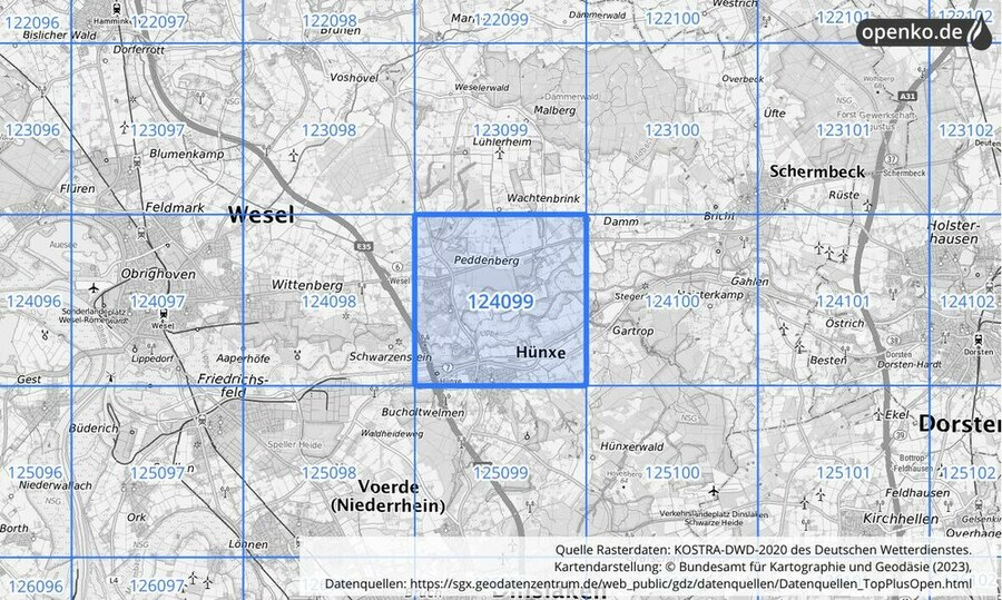 Übersichtskarte des KOSTRA-DWD-2020-Rasterfeldes Nr. 124099