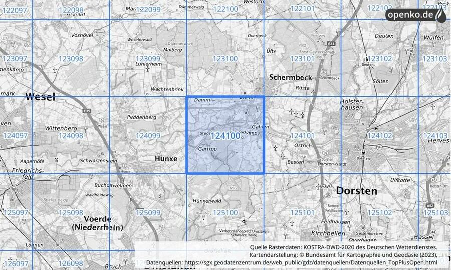 Übersichtskarte des KOSTRA-DWD-2020-Rasterfeldes Nr. 124100