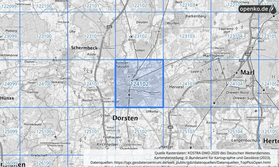 Übersichtskarte des KOSTRA-DWD-2020-Rasterfeldes Nr. 124102