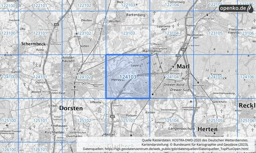 Übersichtskarte des KOSTRA-DWD-2020-Rasterfeldes Nr. 124103