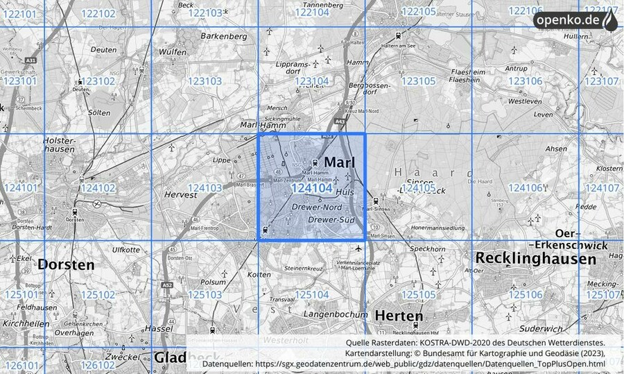 Übersichtskarte des KOSTRA-DWD-2020-Rasterfeldes Nr. 124104