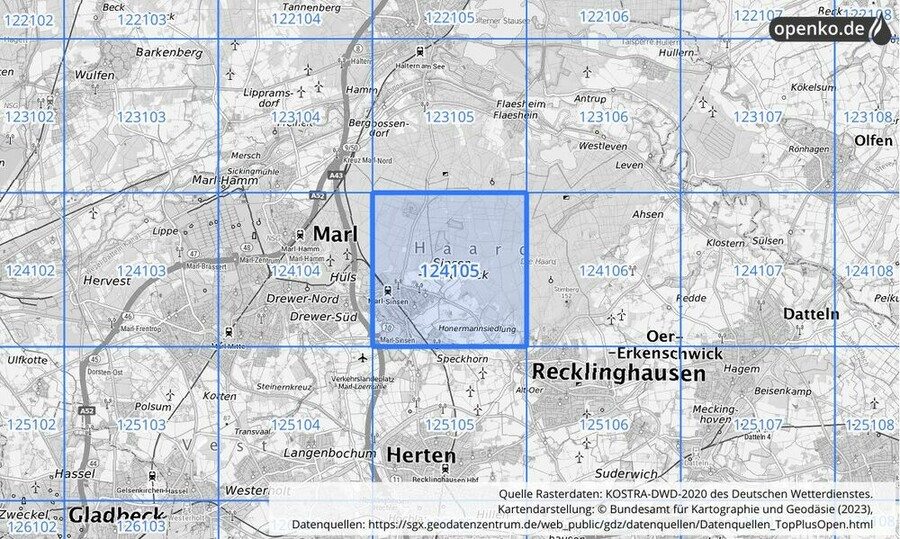 Übersichtskarte des KOSTRA-DWD-2020-Rasterfeldes Nr. 124105