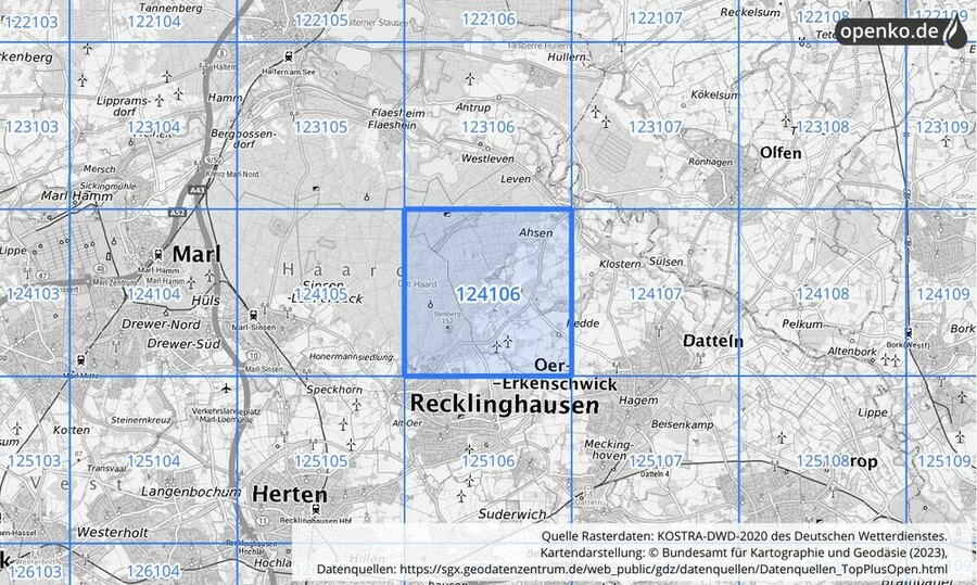 Übersichtskarte des KOSTRA-DWD-2020-Rasterfeldes Nr. 124106