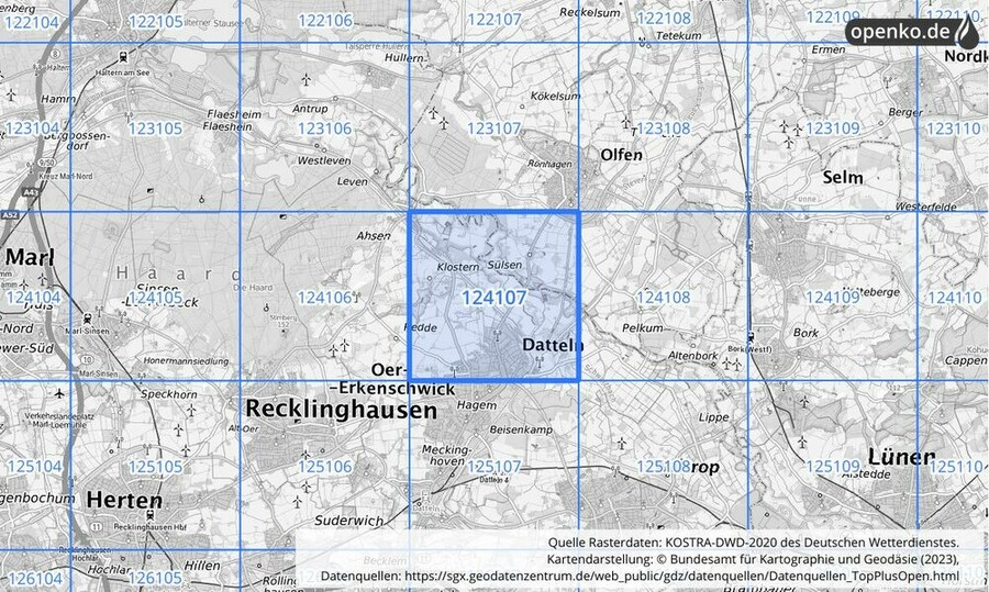 Übersichtskarte des KOSTRA-DWD-2020-Rasterfeldes Nr. 124107