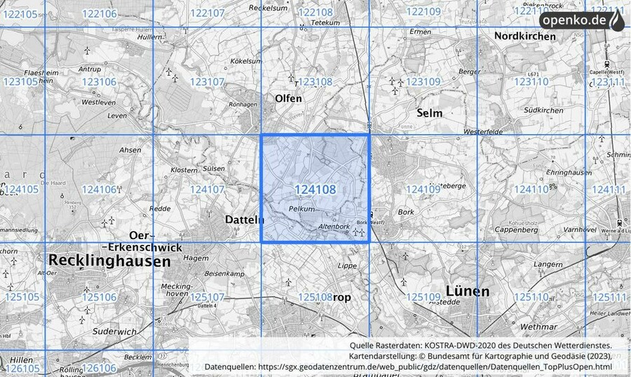 Übersichtskarte des KOSTRA-DWD-2020-Rasterfeldes Nr. 124108