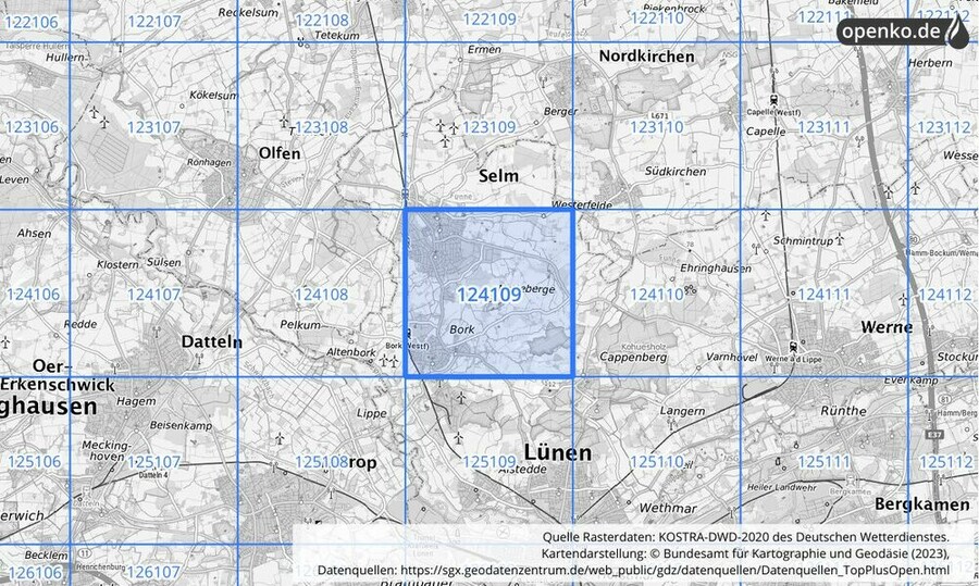 Übersichtskarte des KOSTRA-DWD-2020-Rasterfeldes Nr. 124109