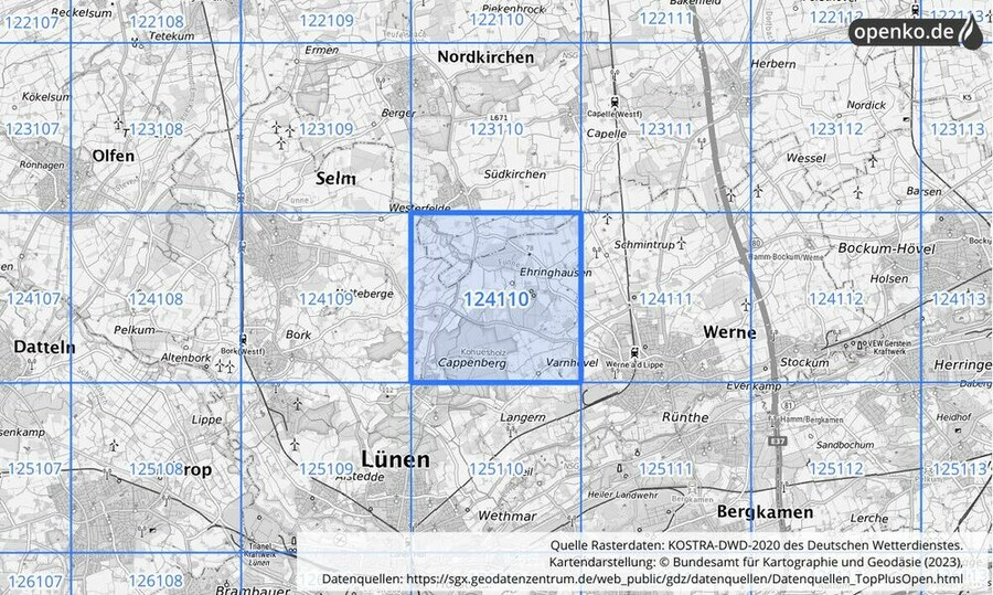 Übersichtskarte des KOSTRA-DWD-2020-Rasterfeldes Nr. 124110