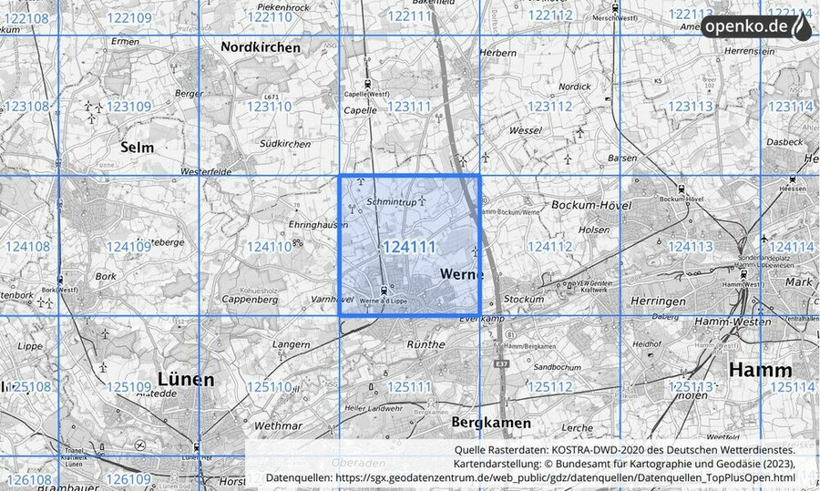 Übersichtskarte des KOSTRA-DWD-2020-Rasterfeldes Nr. 124111