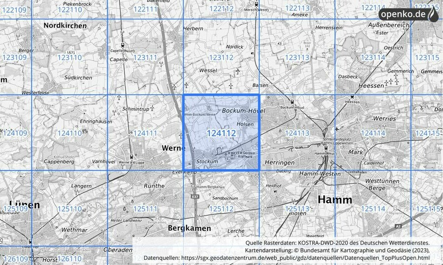 Übersichtskarte des KOSTRA-DWD-2020-Rasterfeldes Nr. 124112