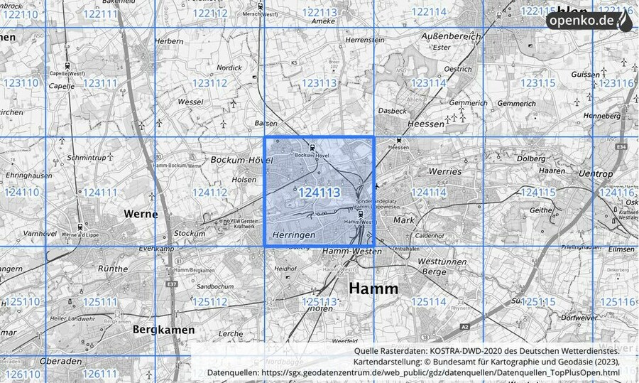 Übersichtskarte des KOSTRA-DWD-2020-Rasterfeldes Nr. 124113