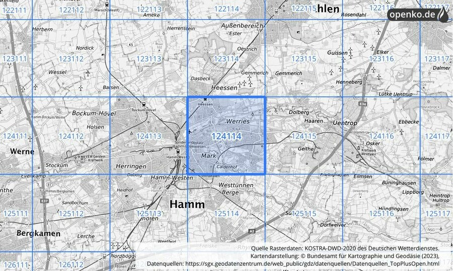 Übersichtskarte des KOSTRA-DWD-2020-Rasterfeldes Nr. 124114