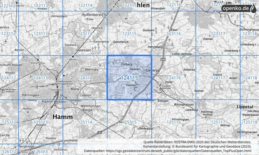 Übersichtskarte des KOSTRA-DWD-2020-Rasterfeldes Nr. 124115