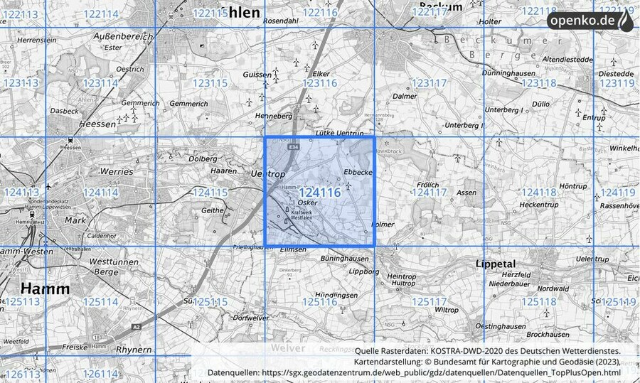 Übersichtskarte des KOSTRA-DWD-2020-Rasterfeldes Nr. 124116