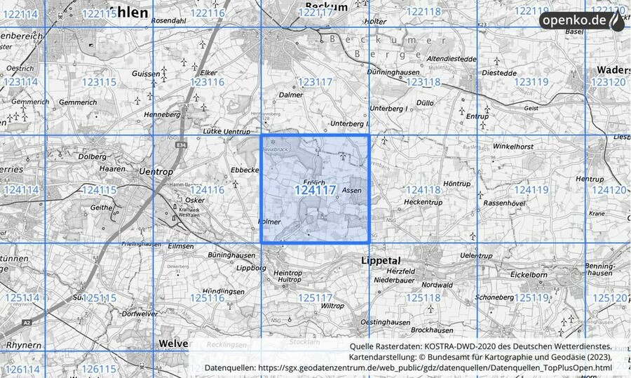 Übersichtskarte des KOSTRA-DWD-2020-Rasterfeldes Nr. 124117