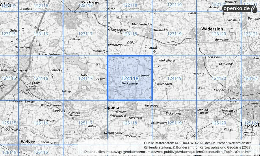 Übersichtskarte des KOSTRA-DWD-2020-Rasterfeldes Nr. 124118