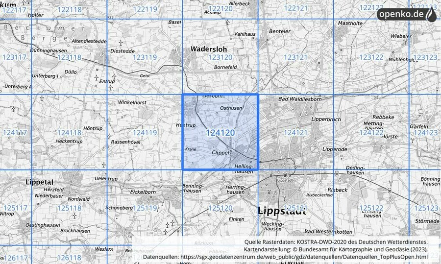 Übersichtskarte des KOSTRA-DWD-2020-Rasterfeldes Nr. 124120