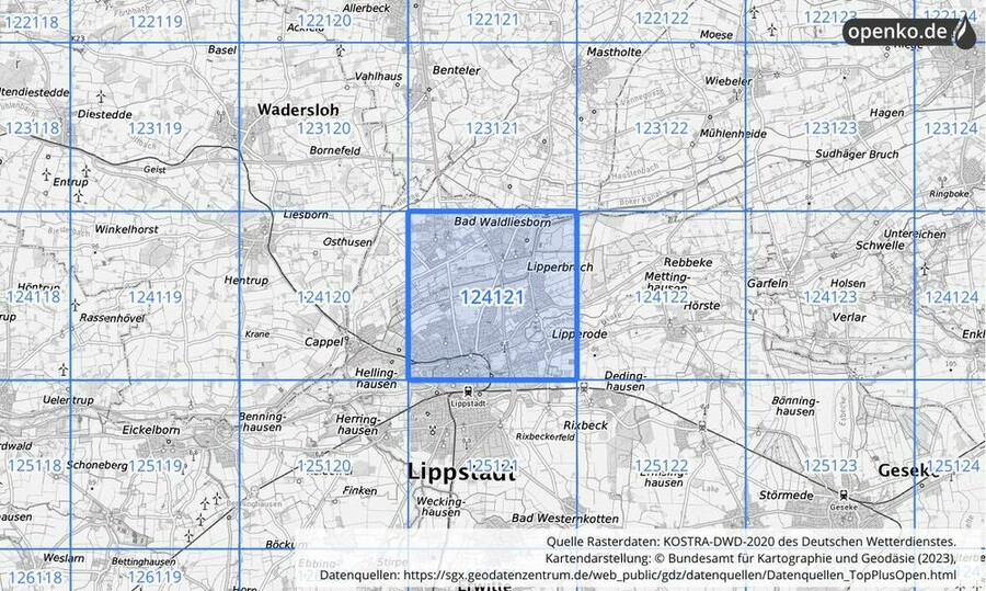 Übersichtskarte des KOSTRA-DWD-2020-Rasterfeldes Nr. 124121