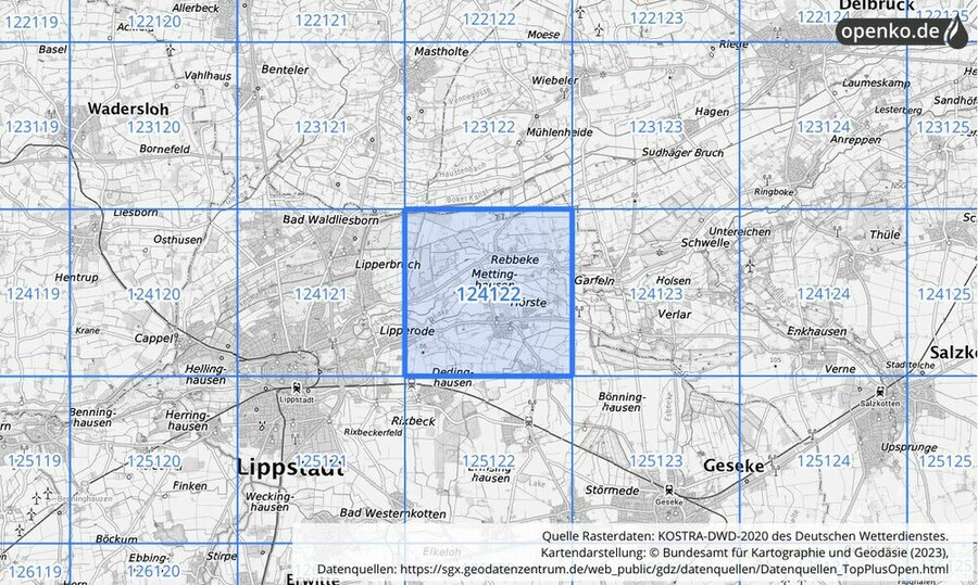 Übersichtskarte des KOSTRA-DWD-2020-Rasterfeldes Nr. 124122