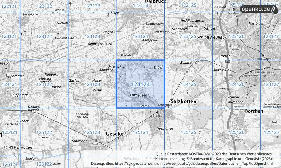 Übersichtskarte des KOSTRA-DWD-2020-Rasterfeldes Nr. 124124