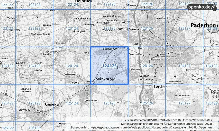 Übersichtskarte des KOSTRA-DWD-2020-Rasterfeldes Nr. 124125