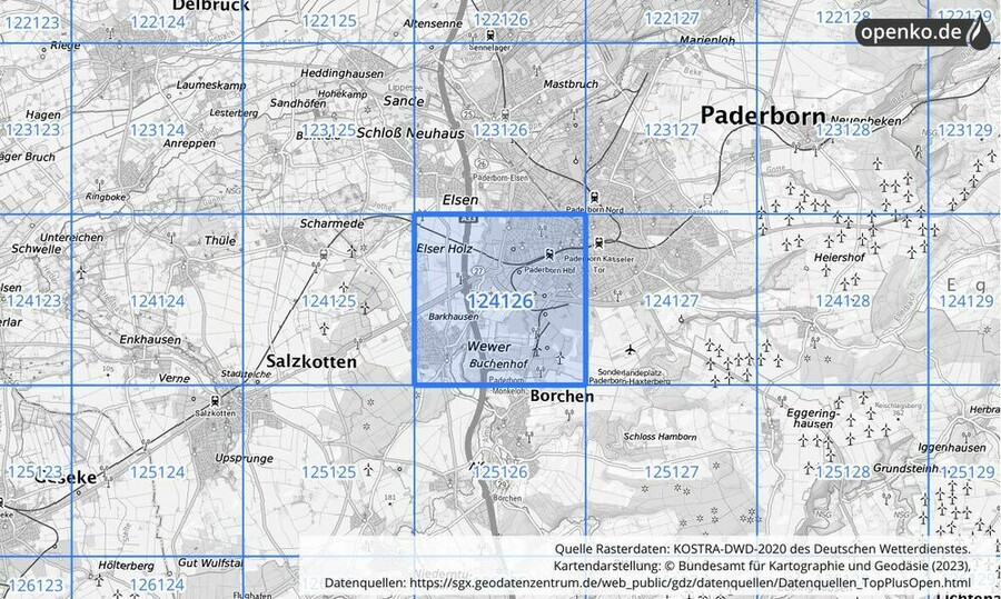 Übersichtskarte des KOSTRA-DWD-2020-Rasterfeldes Nr. 124126