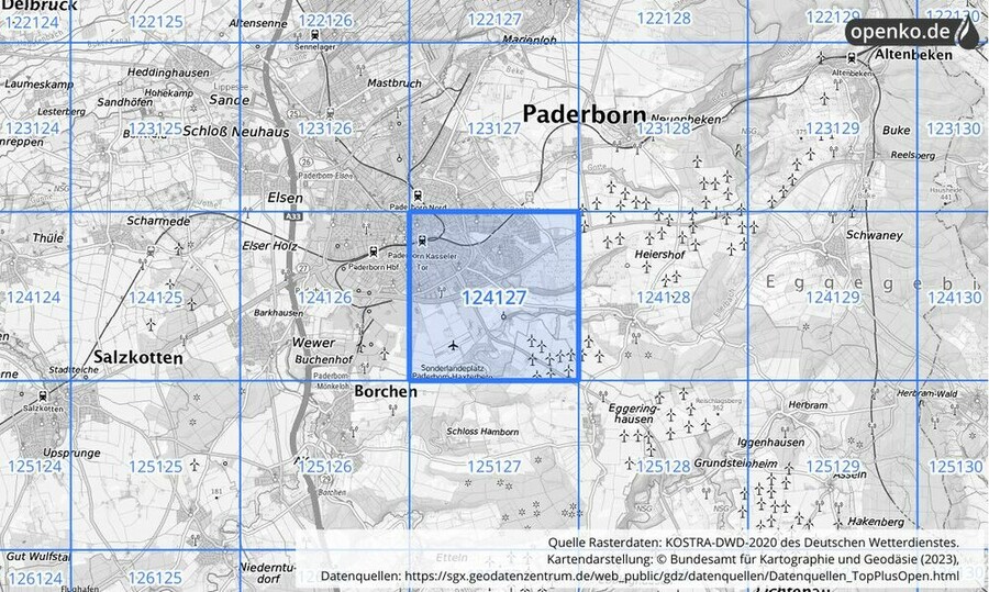 Übersichtskarte des KOSTRA-DWD-2020-Rasterfeldes Nr. 124127