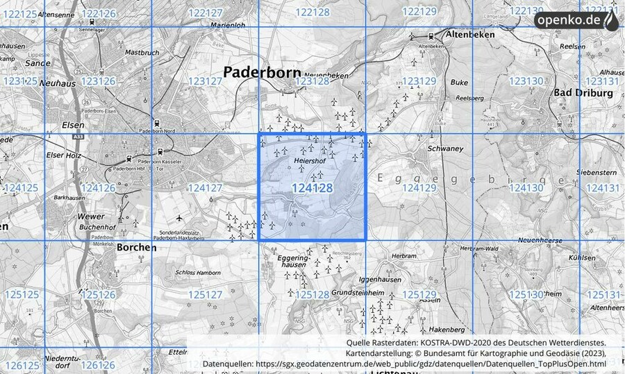 Übersichtskarte des KOSTRA-DWD-2020-Rasterfeldes Nr. 124128