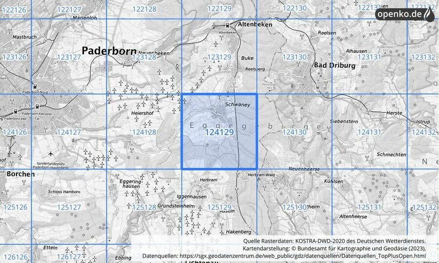 Übersichtskarte des KOSTRA-DWD-2020-Rasterfeldes Nr. 124129