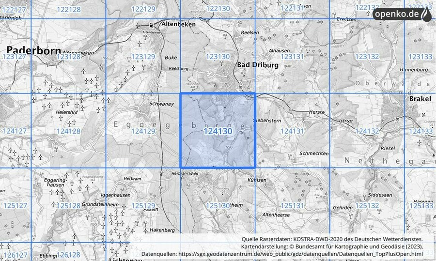 Übersichtskarte des KOSTRA-DWD-2020-Rasterfeldes Nr. 124130