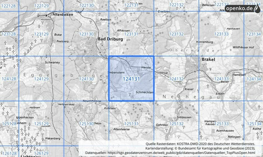 Übersichtskarte des KOSTRA-DWD-2020-Rasterfeldes Nr. 124131