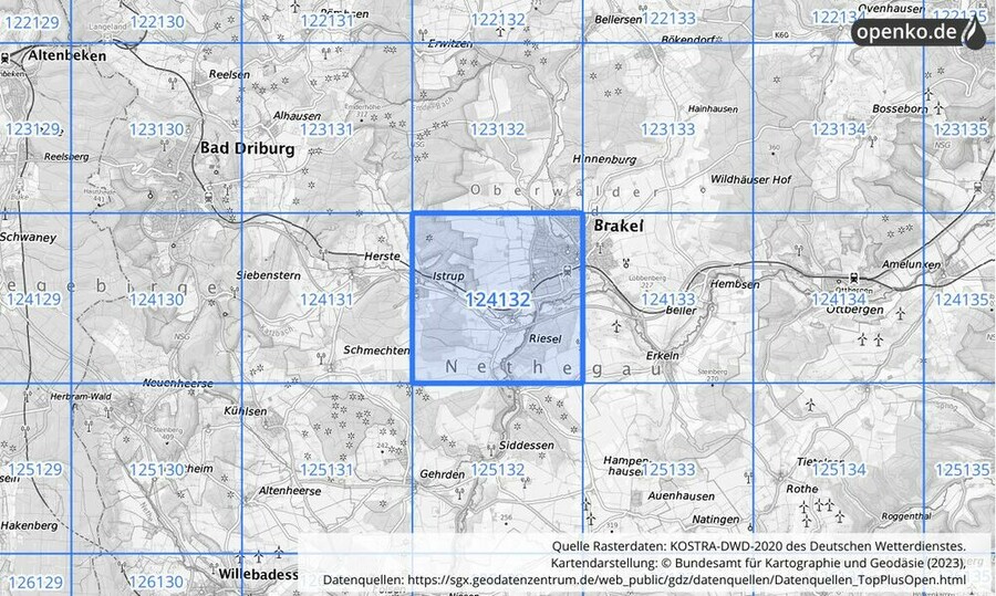 Übersichtskarte des KOSTRA-DWD-2020-Rasterfeldes Nr. 124132