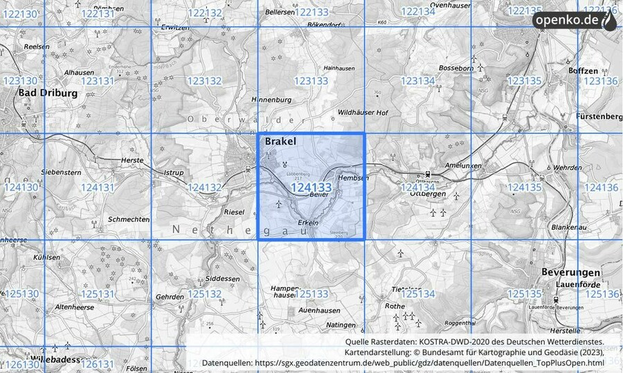 Übersichtskarte des KOSTRA-DWD-2020-Rasterfeldes Nr. 124133