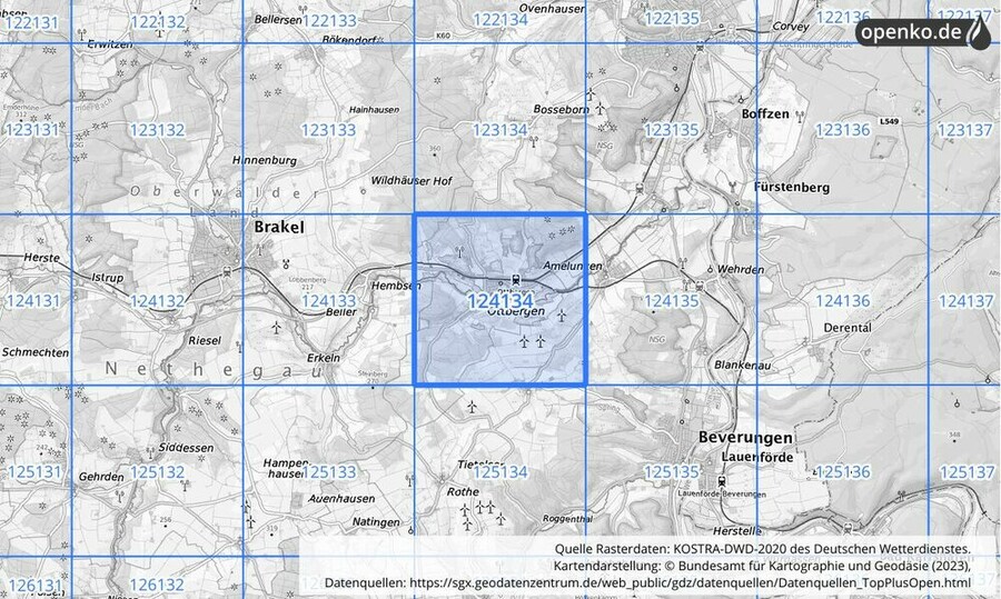Übersichtskarte des KOSTRA-DWD-2020-Rasterfeldes Nr. 124134
