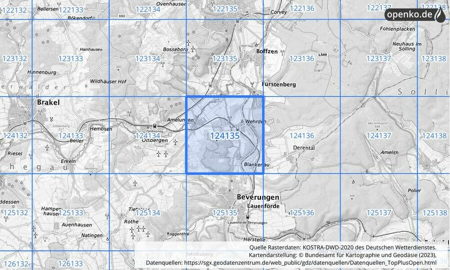 Übersichtskarte des KOSTRA-DWD-2020-Rasterfeldes Nr. 124135