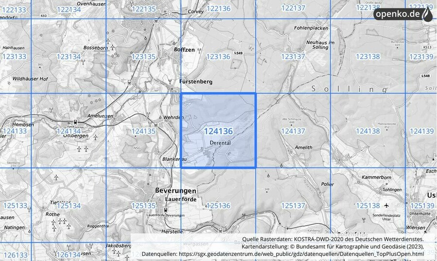 Übersichtskarte des KOSTRA-DWD-2020-Rasterfeldes Nr. 124136