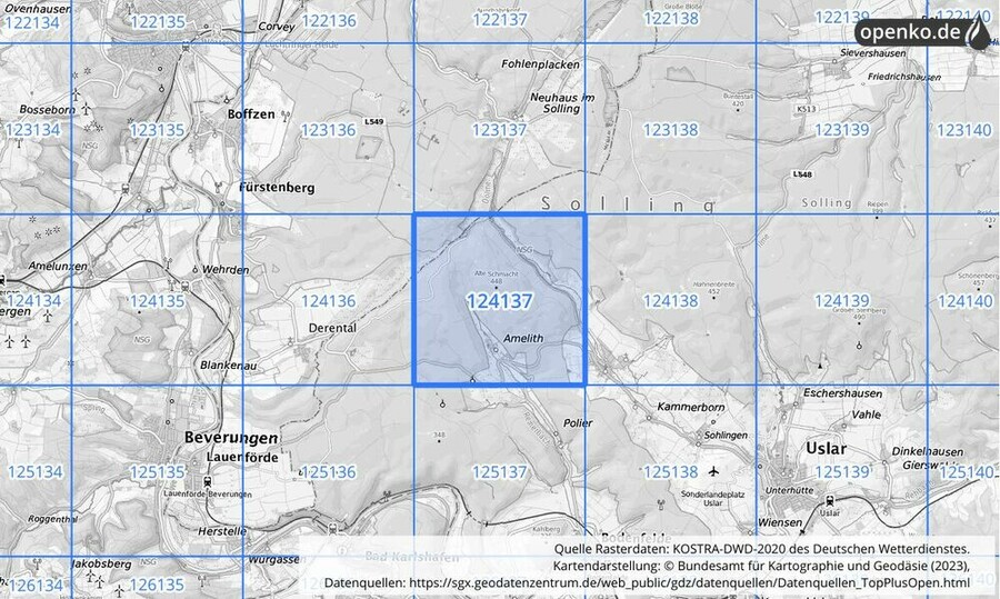 Übersichtskarte des KOSTRA-DWD-2020-Rasterfeldes Nr. 124137