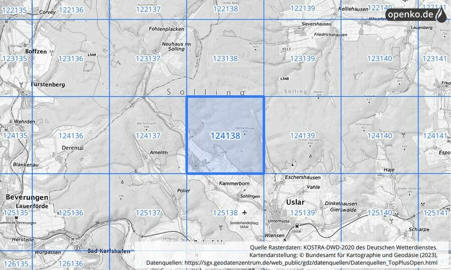 Übersichtskarte des KOSTRA-DWD-2020-Rasterfeldes Nr. 124138