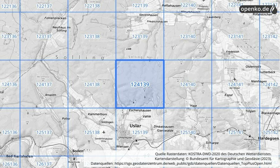 Übersichtskarte des KOSTRA-DWD-2020-Rasterfeldes Nr. 124139