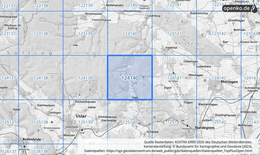 Übersichtskarte des KOSTRA-DWD-2020-Rasterfeldes Nr. 124140