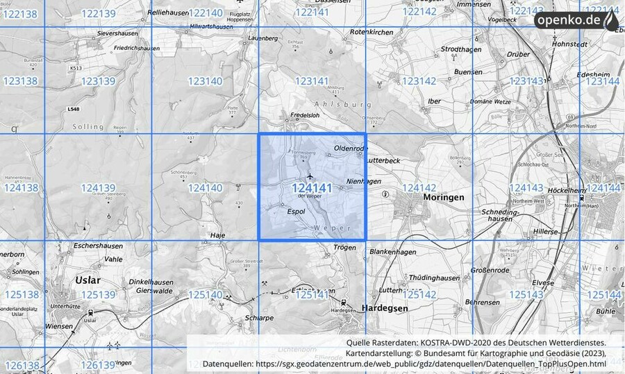 Übersichtskarte des KOSTRA-DWD-2020-Rasterfeldes Nr. 124141