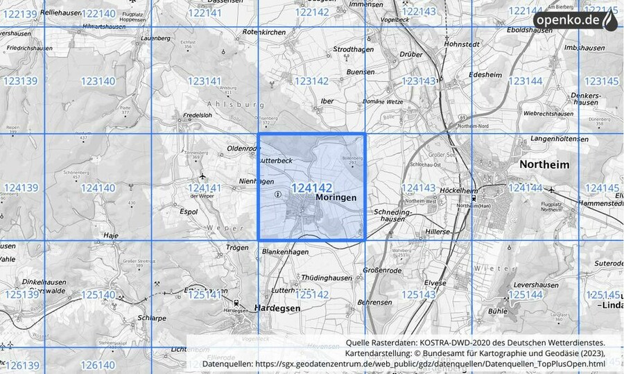 Übersichtskarte des KOSTRA-DWD-2020-Rasterfeldes Nr. 124142