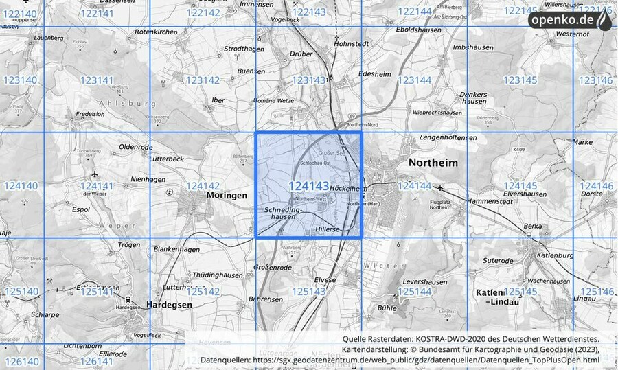 Übersichtskarte des KOSTRA-DWD-2020-Rasterfeldes Nr. 124143